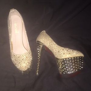 Tall tan red bottom rhinestone heels